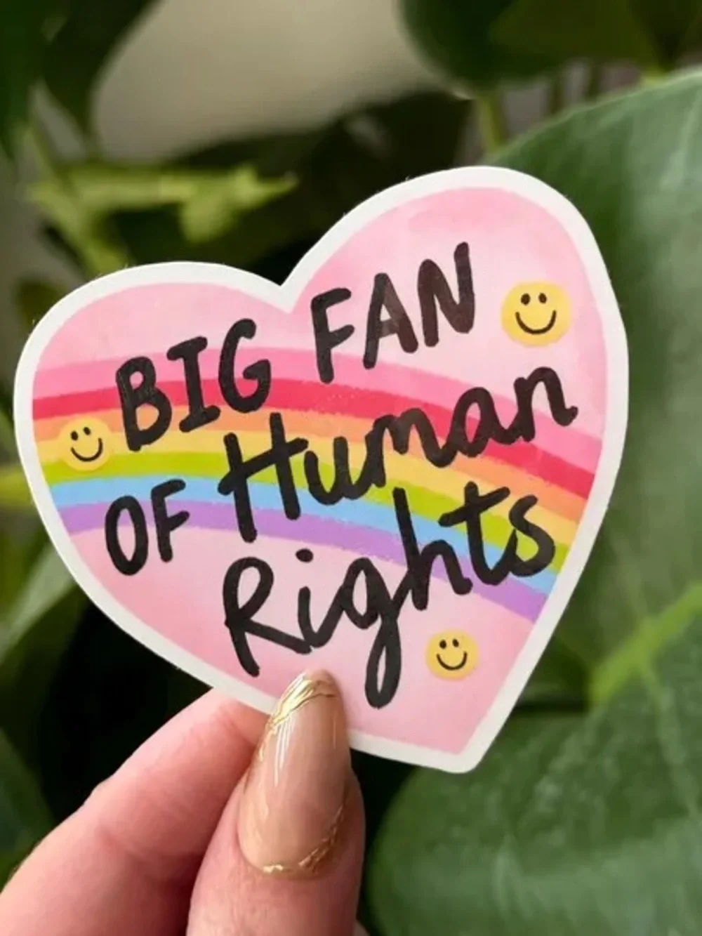 Heart-Shaped 'Big Fan of Human Rights' Sticker - Pink with Rainbow